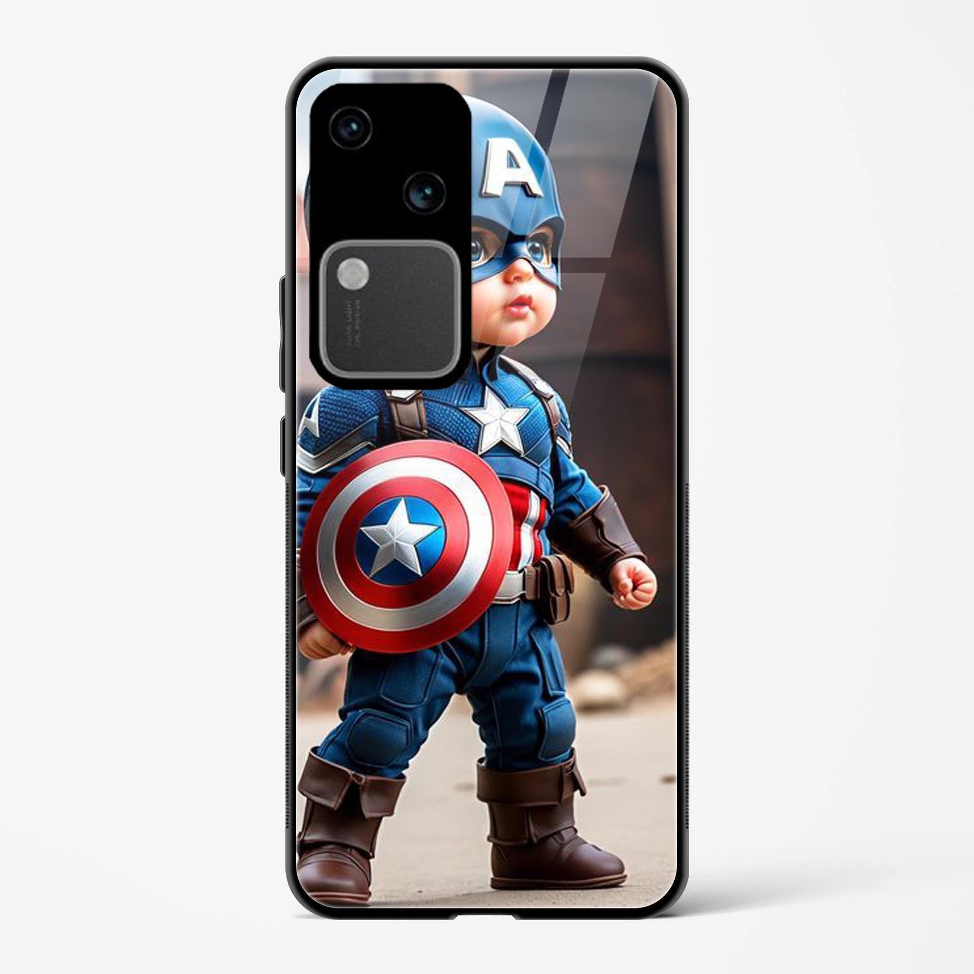 Printed Tempered Glass Back Cover Compatible with Vivo V30 5G - Little Captain America Design Follow Your Dreams Real Glass case - Mypcwala