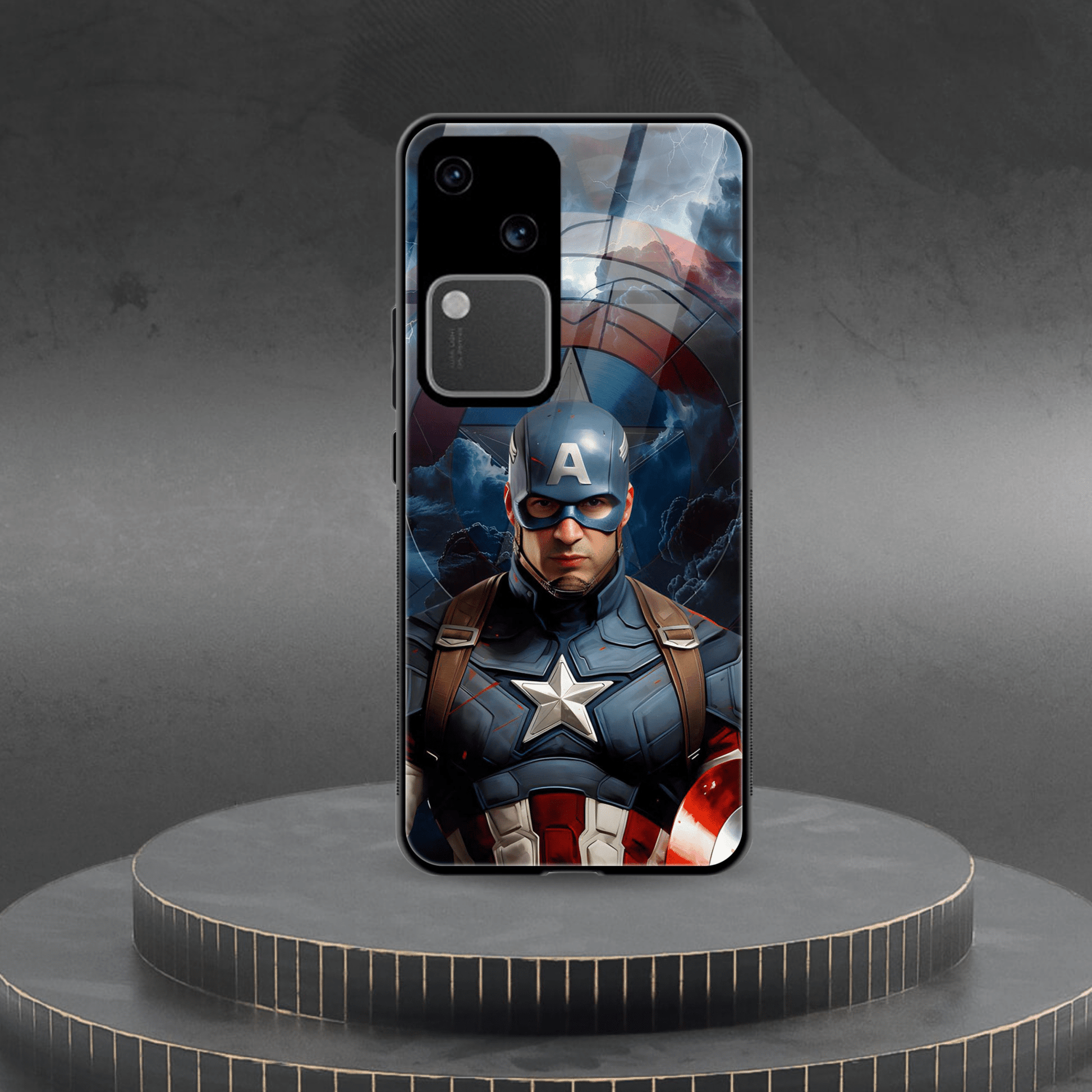 Printed Tempered Glass Back Cover Compatible with Vivo V30 5G - Marvel Hero Captain America Design Glass Case - DHARM IT PRIVATE LIMITED