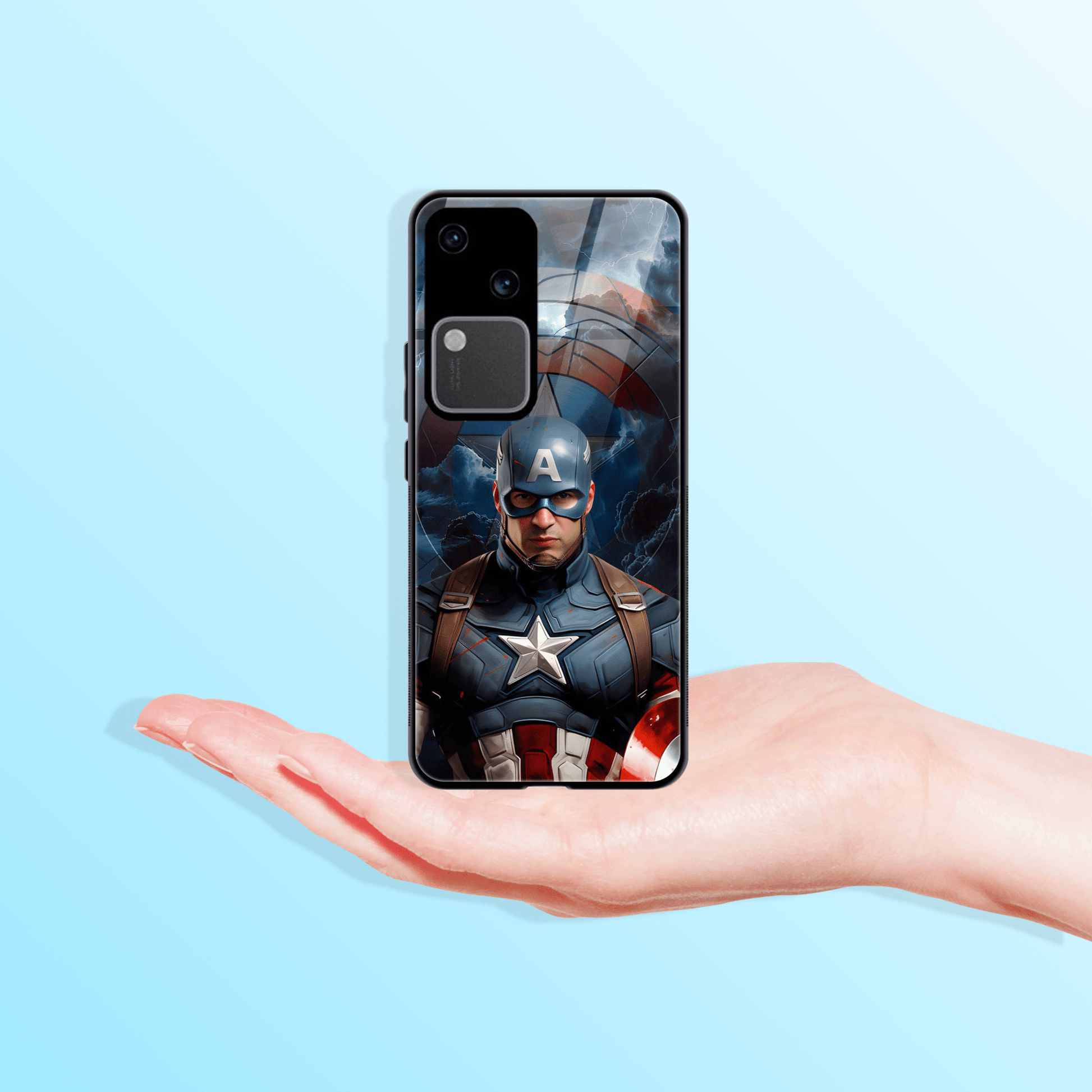 Printed Tempered Glass Back Cover Compatible with Vivo V30 5G - Marvel Hero Captain America Design Glass Case - DHARM IT PRIVATE LIMITED