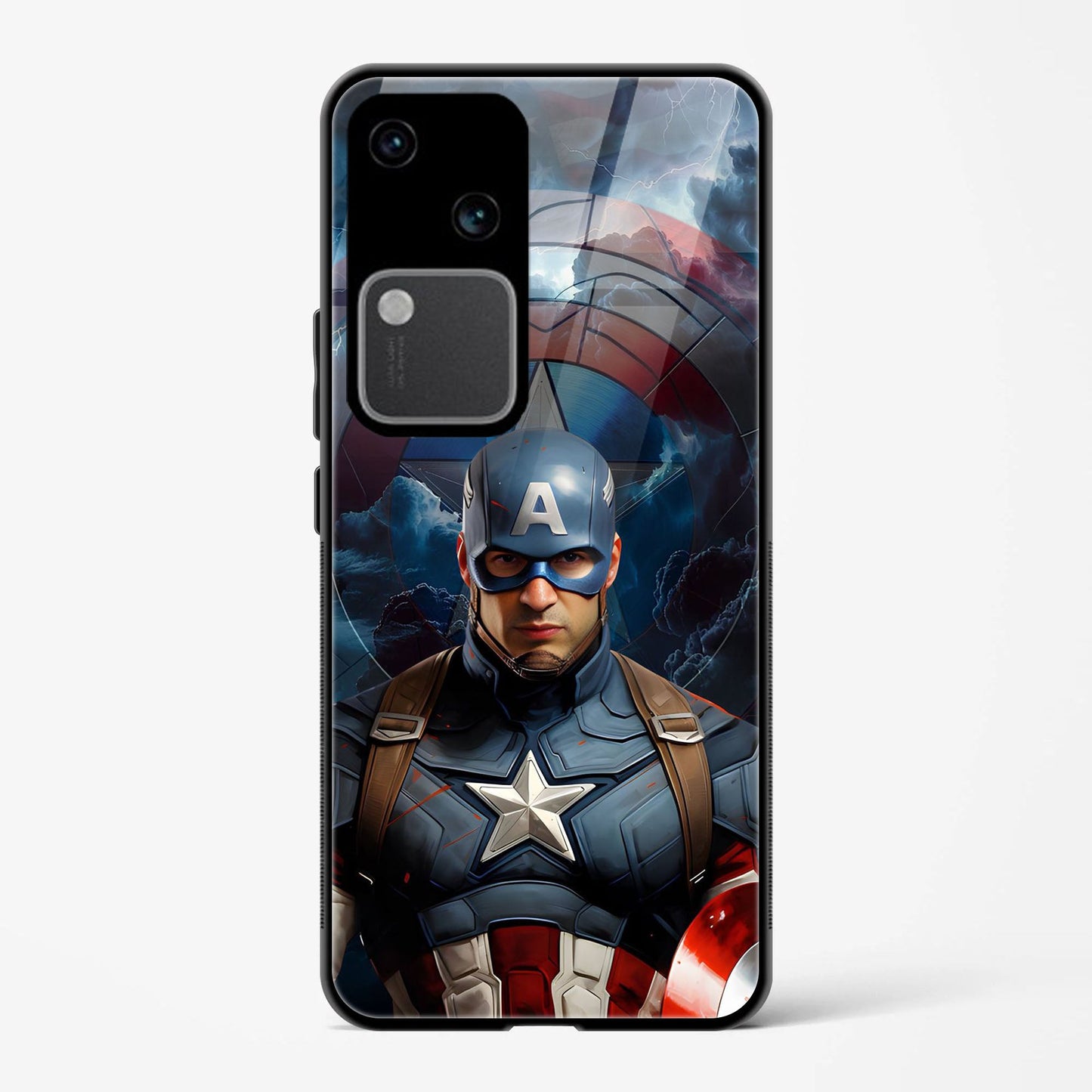 Printed Tempered Glass Back Cover Compatible with Vivo V30 5G - Marvel Hero Captain America Design Glass Case - DHARM IT PRIVATE LIMITED