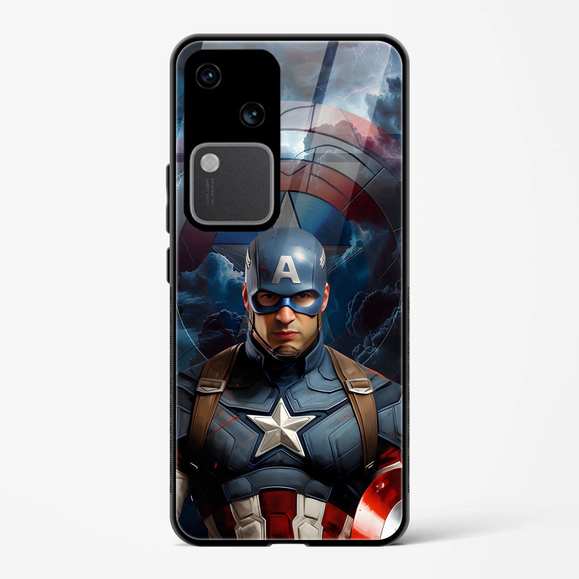 Printed Tempered Glass Back Cover Compatible with Vivo V30 5G - Marvel Hero Captain America Design Glass Case - DHARM IT PRIVATE LIMITED