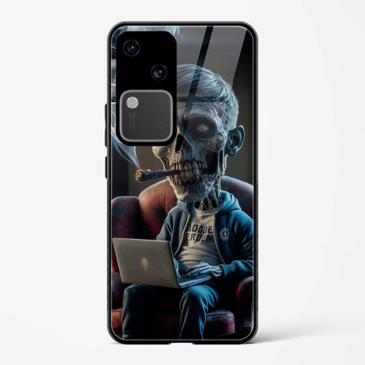 Printed Tempered Glass Back Cover Compatible with Vivo V30 5G - Smoking Skeleton Working Laptop Design Follow Your Dreams Real Glass case - Mypcwala