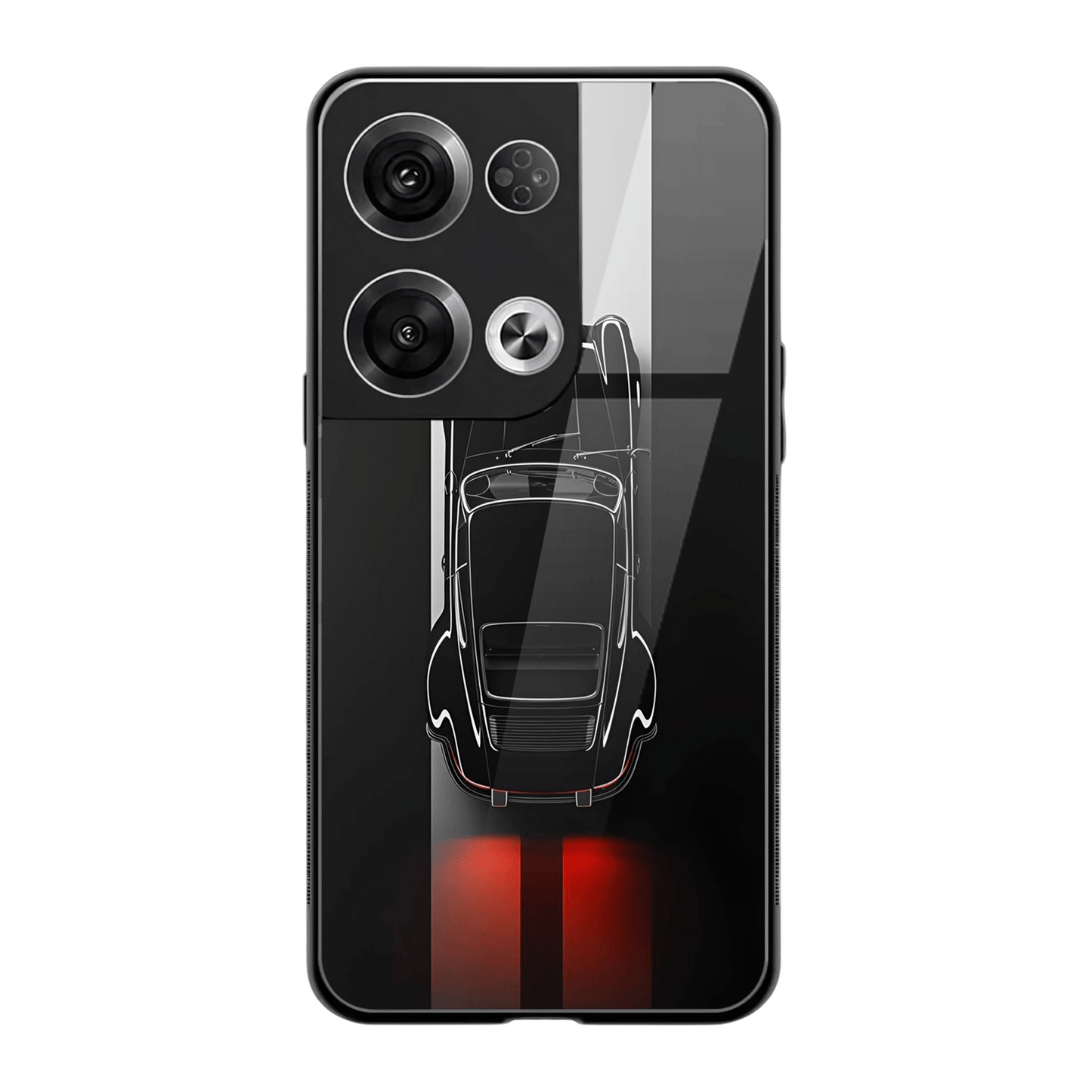 Retro Drive – Black Sports Car Glass Case for Oppo Reno 8 Pro - Mypcwala