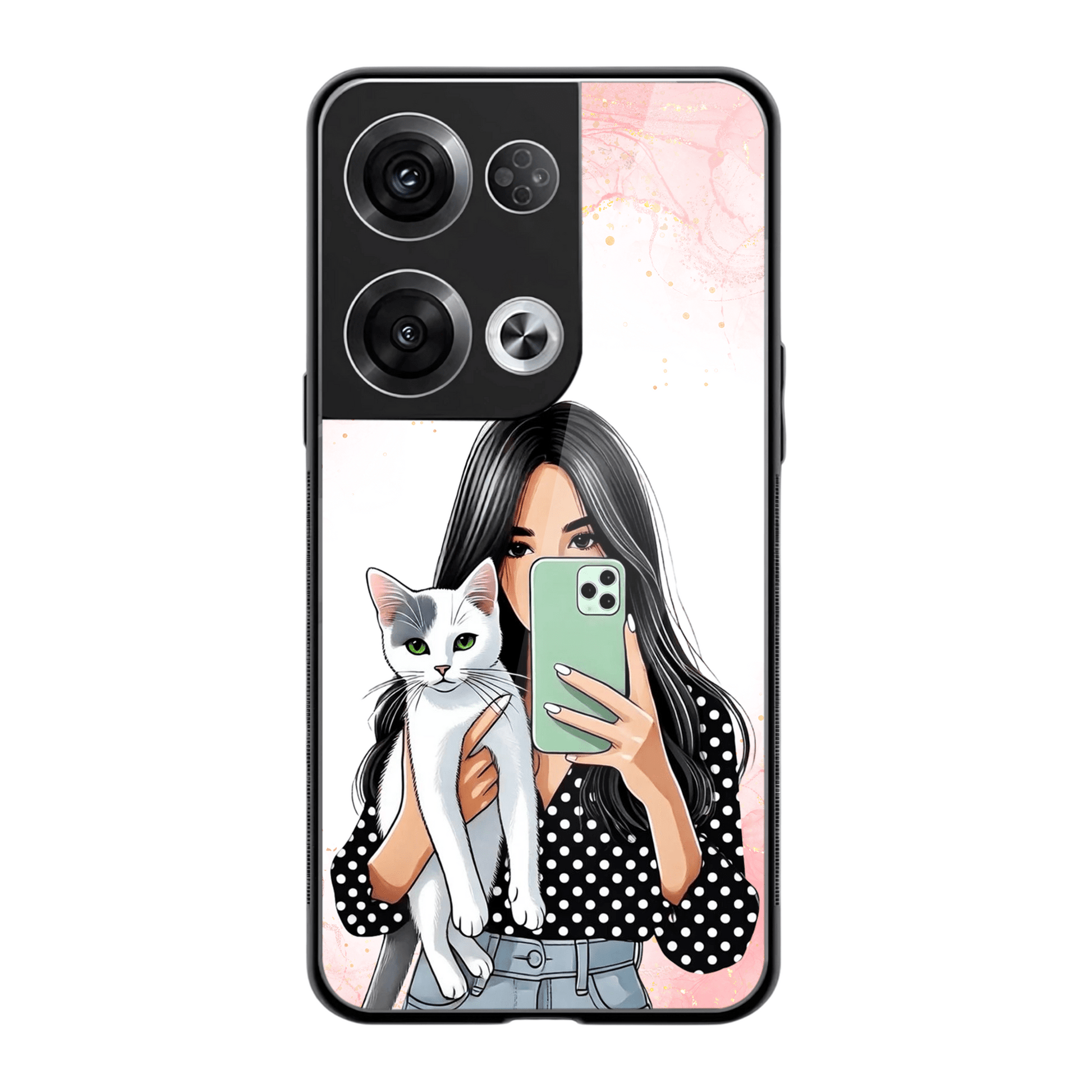 Selfie Girl with Cat – Stylish Glass Case for Oppo Reno 8 Pro - Mypcwala