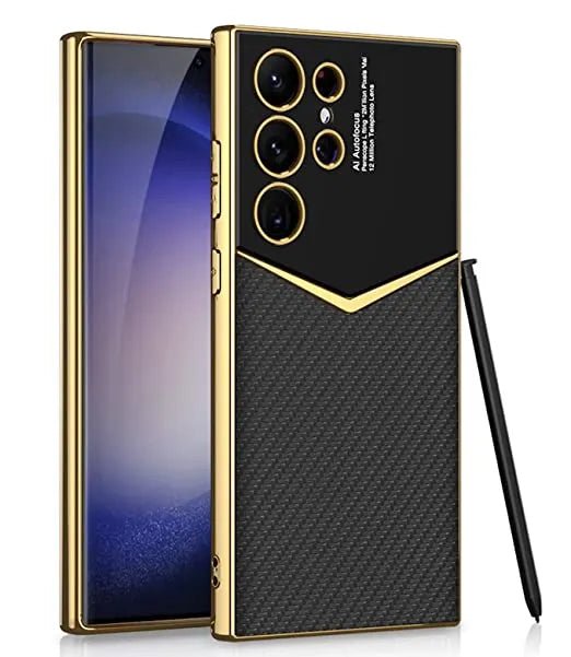 Slim Glass with Leatherette Electroplated Back Case Cover for Samsung Galaxy S23 Ultra 5G / Galaxy S23 Ultra Case Cover ƒ?? (Carbon Fiber Black | Leather) - Mypcwala