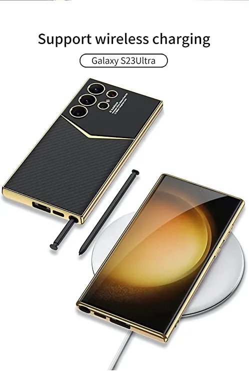 Slim Glass with Leatherette Electroplated Back Case Cover for Samsung Galaxy S23 Ultra 5G / Galaxy S23 Ultra Case Cover ƒ?? (Carbon Fiber Black | Leather) - Mypcwala