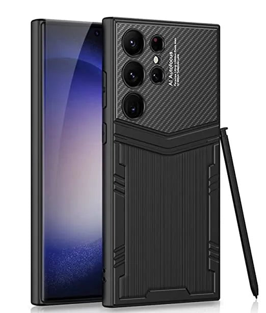 Slim Metal with Leatherette Back Case Cover for Samsung Galaxy S23 Ultra 5G / Galaxy S23 Ultra Case Cover ƒ?? (Metal Black | Leather) - Mypcwala