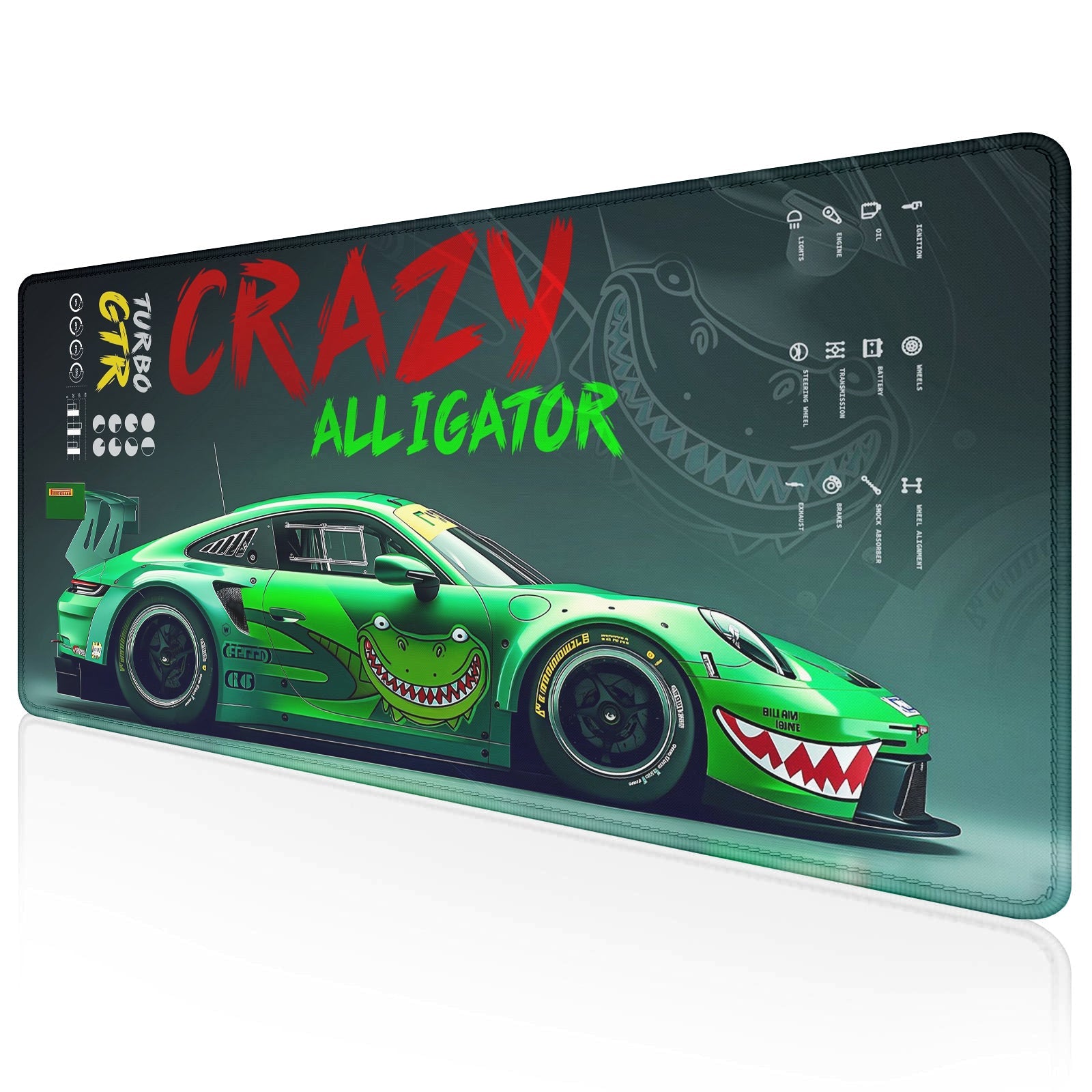 Strich Crazy Alligator Racing Car Gaming Mouse Pad – Green Turbo GTR Extended Desk Mat (L, XL, XXL) - Mypcwala