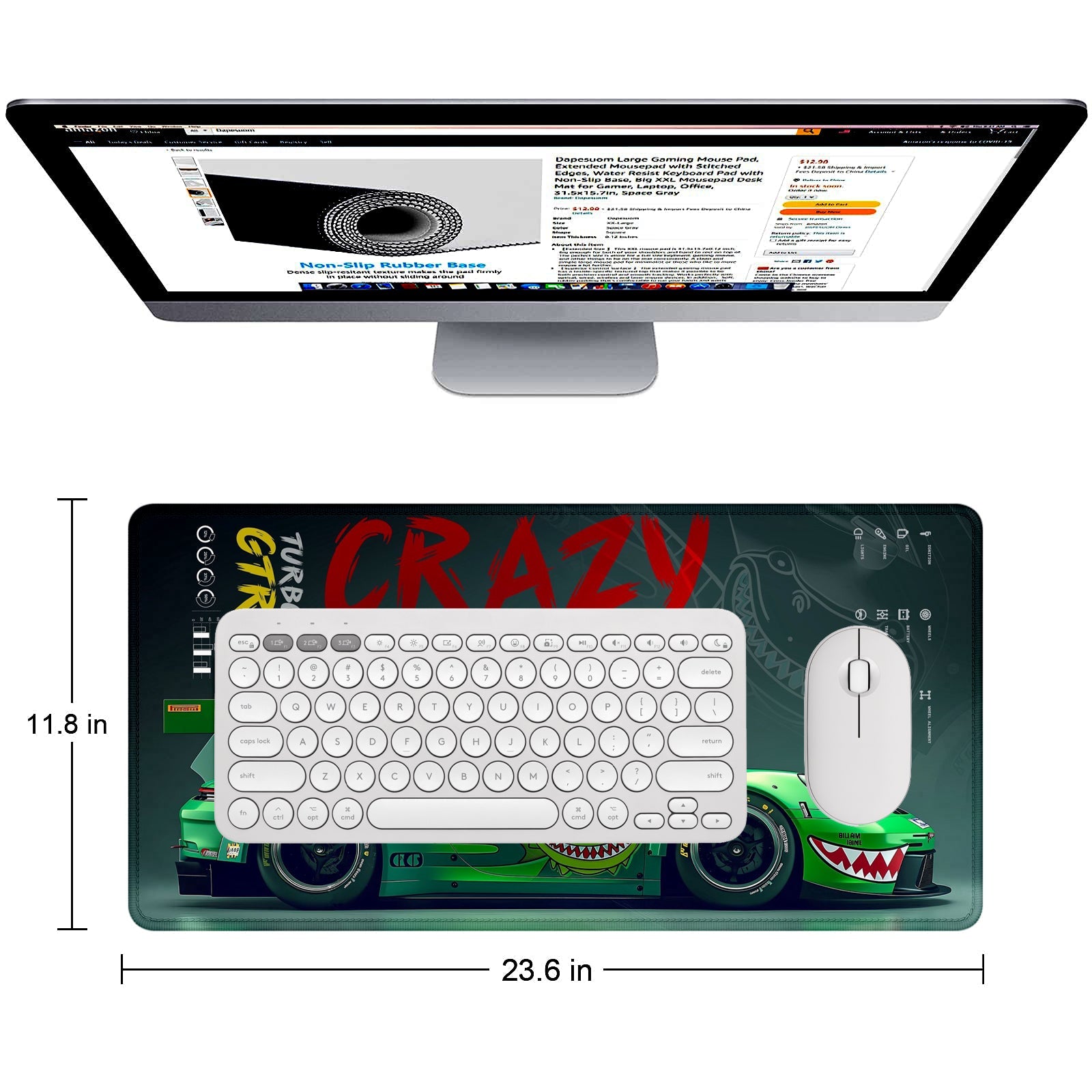 Strich Crazy Alligator Racing Car Gaming Mouse Pad – Green Turbo GTR Extended Desk Mat (L, XL, XXL) - Mypcwala