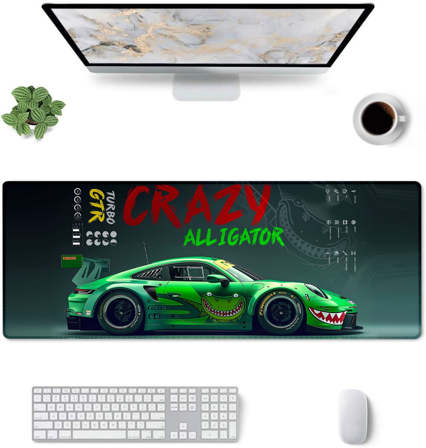 Strich Crazy Alligator Racing Car Gaming Mouse Pad – Green Turbo GTR Extended Desk Mat (L, XL, XXL) - Mypcwala