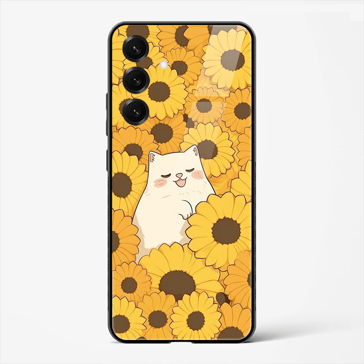 Sunflower Cat Cute Aesthetic Premium Glass Phone Cover for Samsung Galaxy S25 - DHARM IT PRIVATE LIMITED
