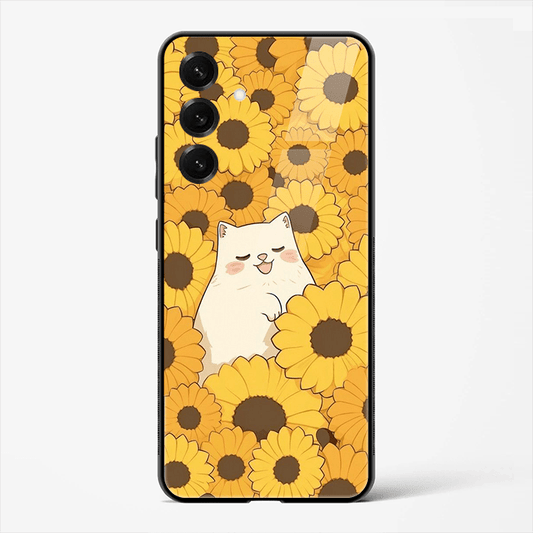 Sunflower Cat Cute Aesthetic Premium Glass Phone Cover for Samsung Galaxy S25 - DHARM IT PRIVATE LIMITED