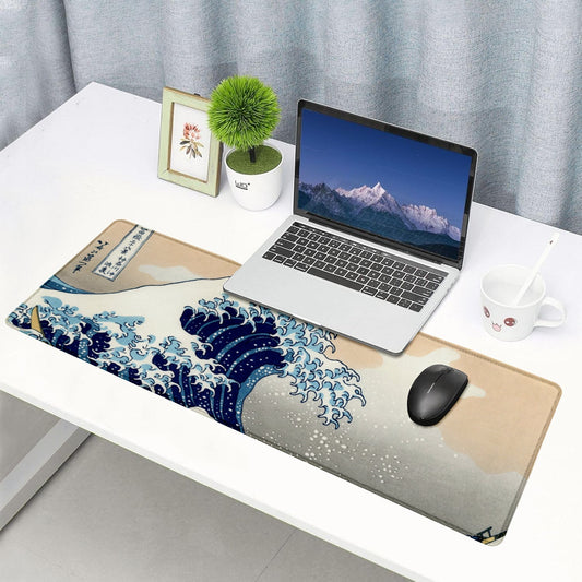The Great Wave Stitched Desk Mat | Japanese Art Mouse Pad | Large Gaming & Office Desk Mat | Non - Slip Rubber Base | Extended Mat for Keyboard & Laptop - Mypcwala