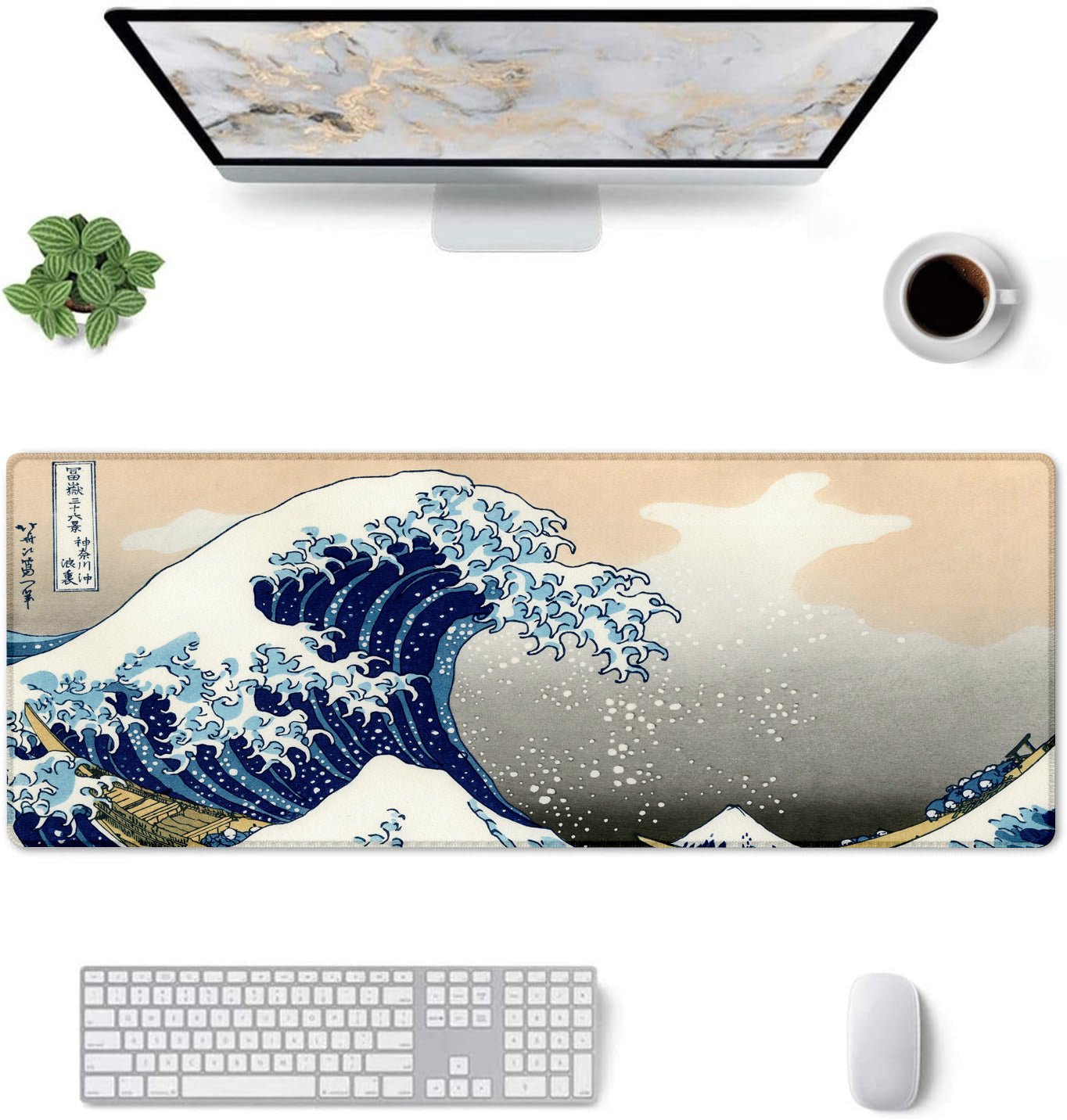 The Great Wave Stitched Desk Mat | Japanese Art Mouse Pad | Large Gaming & Office Desk Mat | Non - Slip Rubber Base | Extended Mat for Keyboard & Laptop - Mypcwala