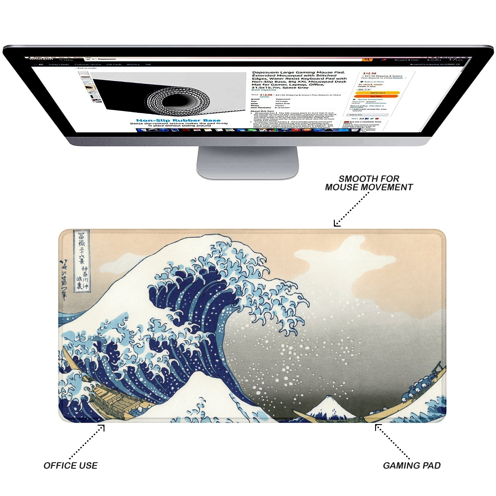 The Great Wave Stitched Desk Mat | Japanese Art Mouse Pad | Large Gaming & Office Desk Mat | Non - Slip Rubber Base | Extended Mat for Keyboard & Laptop - Mypcwala