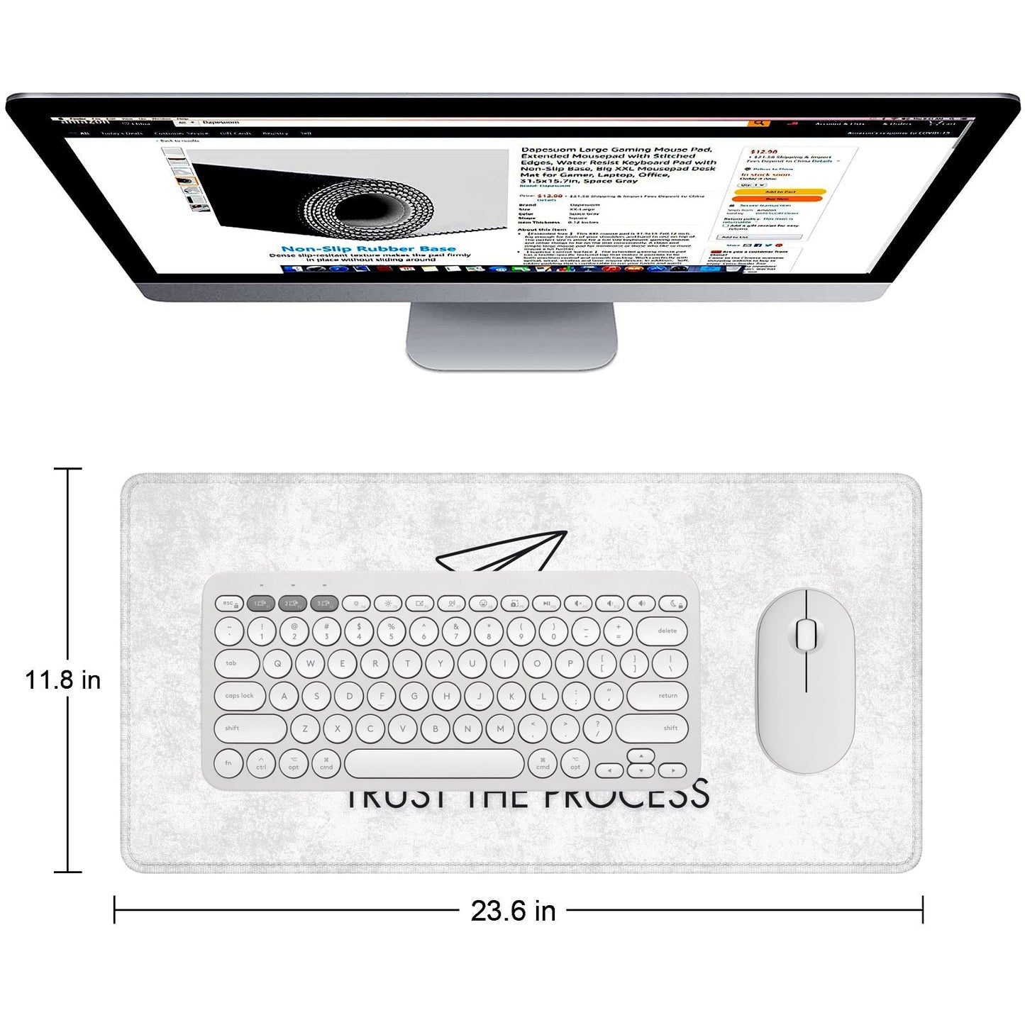 Trust The Process Stitched Desk Mat – Large Extended Mouse Pad – Minimalist Design, Non - Slip Rubber Base, Smooth Surface, Durable Edges – Office & Gaming Desk Accessory (Marble White) - Mypcwala