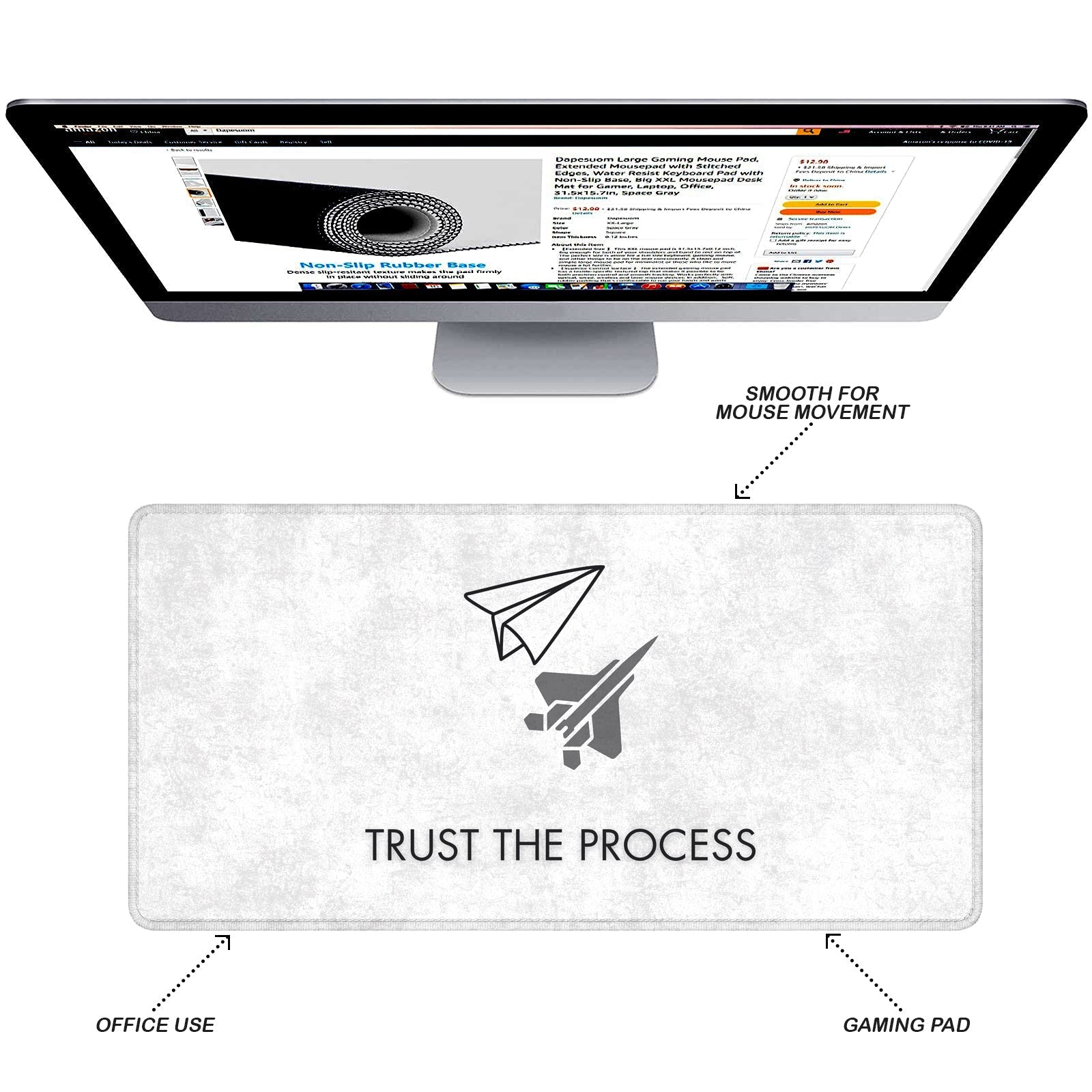 Trust The Process Stitched Desk Mat – Large Extended Mouse Pad – Minimalist Design, Non - Slip Rubber Base, Smooth Surface, Durable Edges – Office & Gaming Desk Accessory (Marble White) - Mypcwala